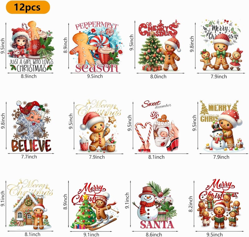 SUMELAY 12 Sheets Christmas Heat Transfers Vinyl, Gingerbread Iron on Transfers for T-Shirts, Christmas Iron on Decals for Clothes Bag Pillow Covers DIY Decorations - Image 2